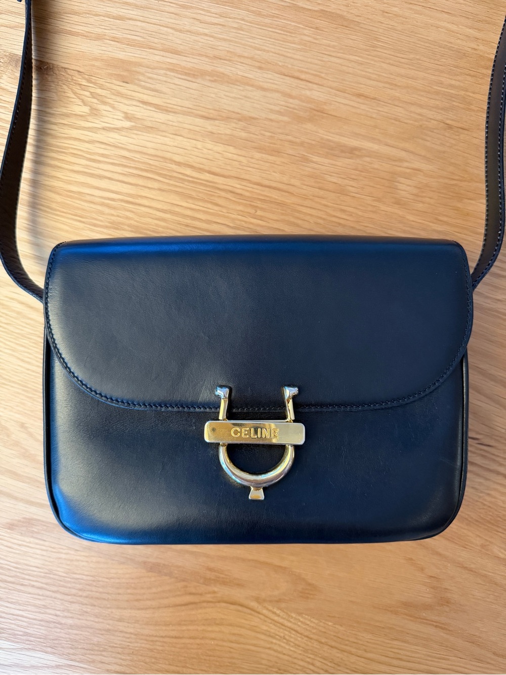 Vintage Celine Black Leather Shoulder Bag with Gold Hardware